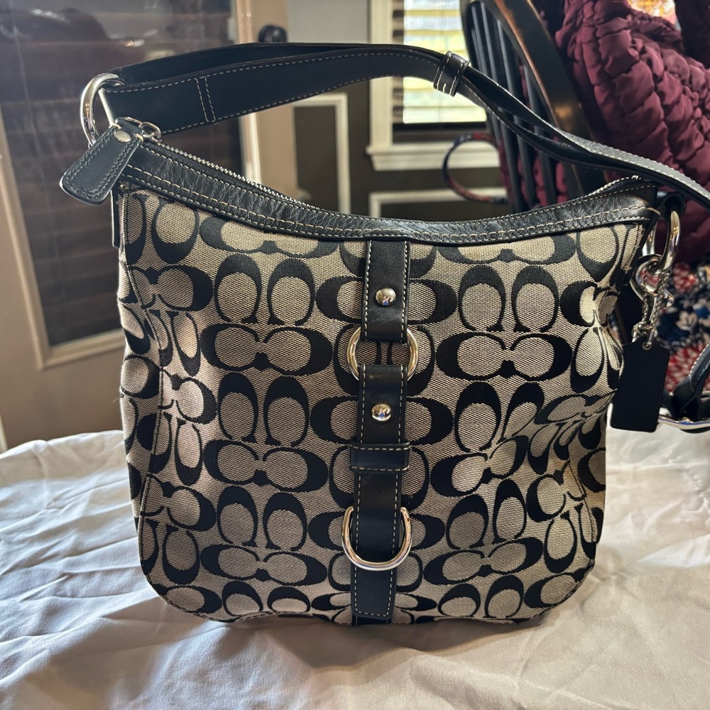 Coach Black and Cream Signature Shoulder Bag